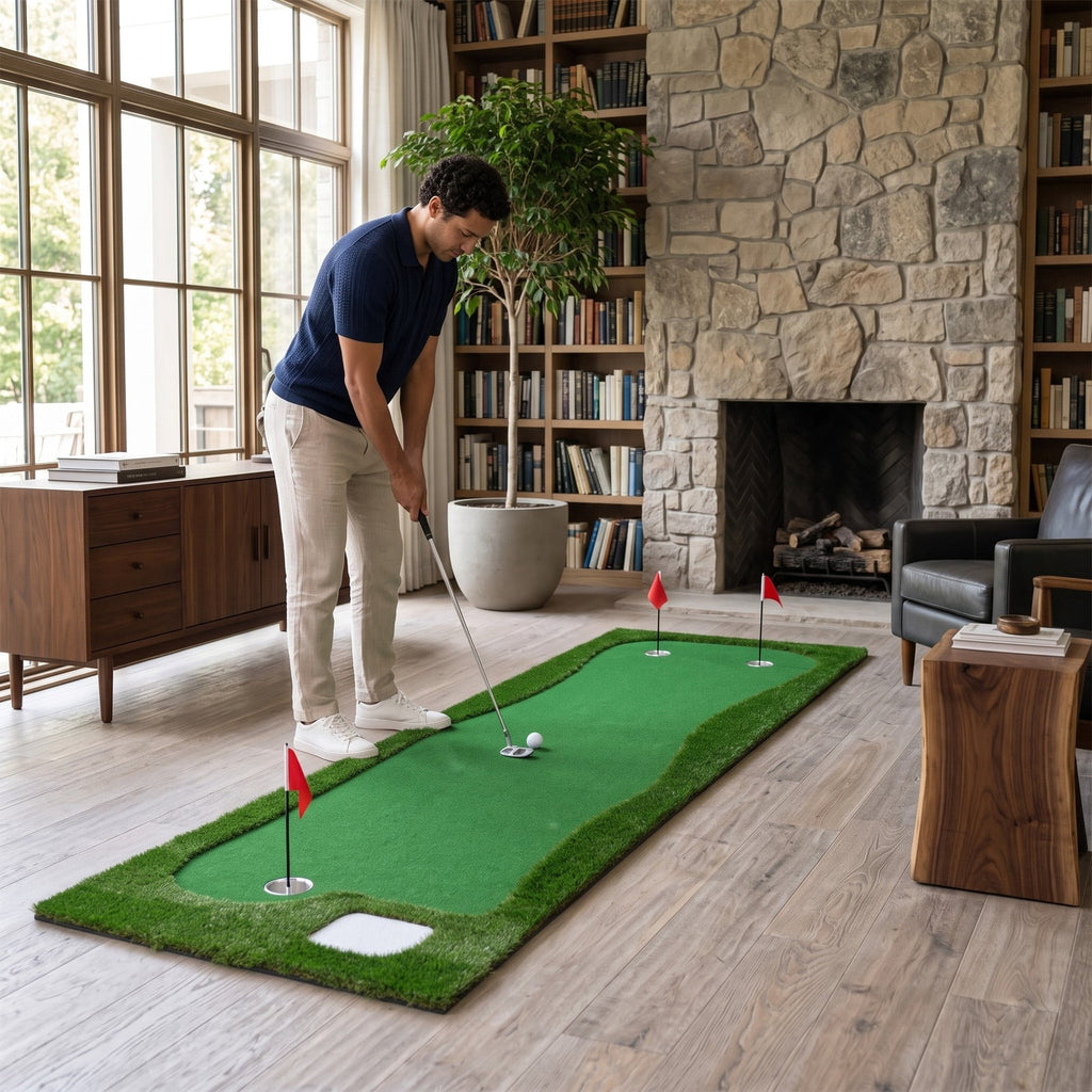 Airfind 10 x 3.5ft Golf Putting Green Mat with 3 Hole Cups and 3 Flags, Indoor Outdoor Practice Putting Training Turf for Home Backyard Garage Office, Green