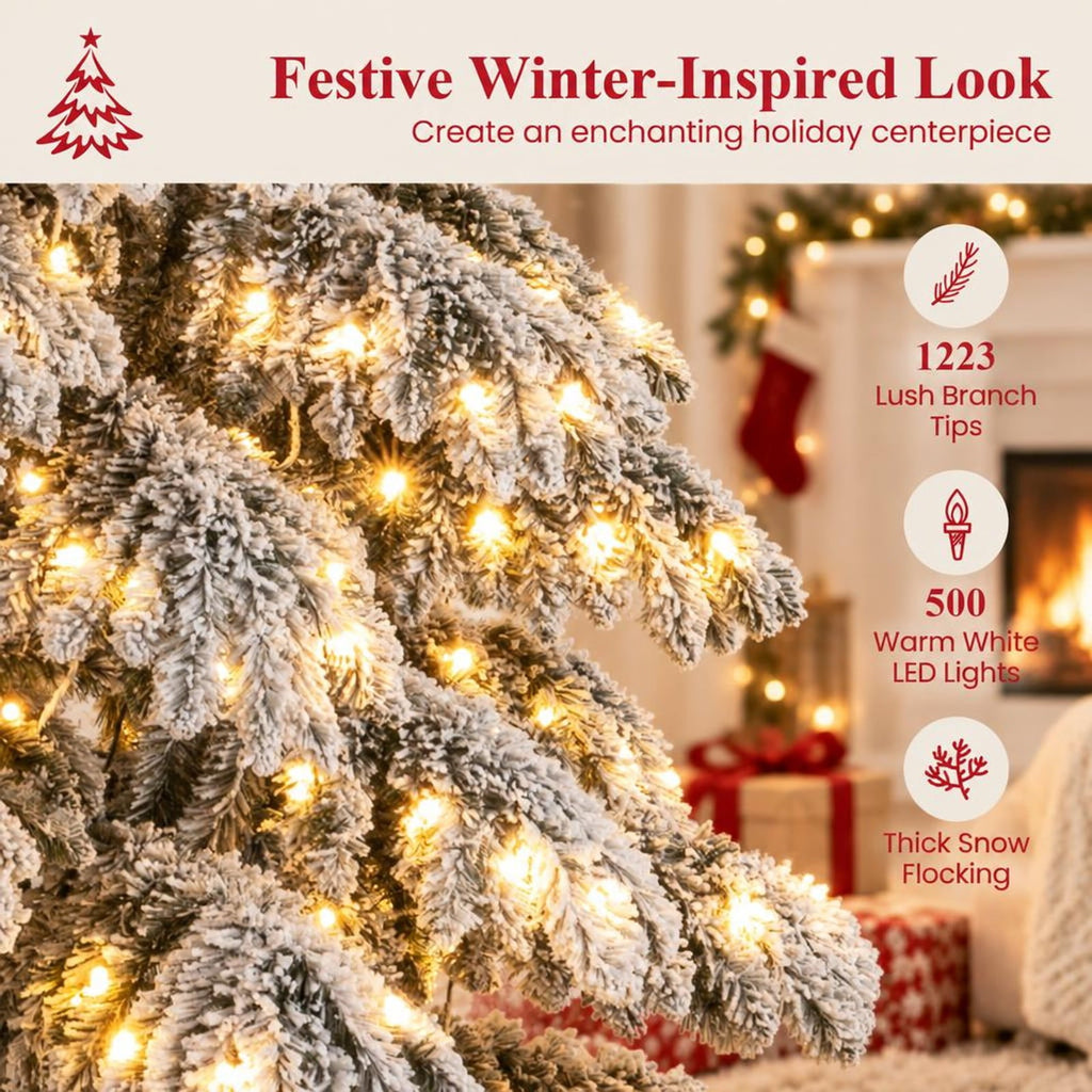 Airfind 9 Feet Pre-Lit Artificial Xmas Tree Hinged Xmas Tree with Quick Power Connectors, PVC Metal Frame, 4.4 x 9 ft Footprint, White