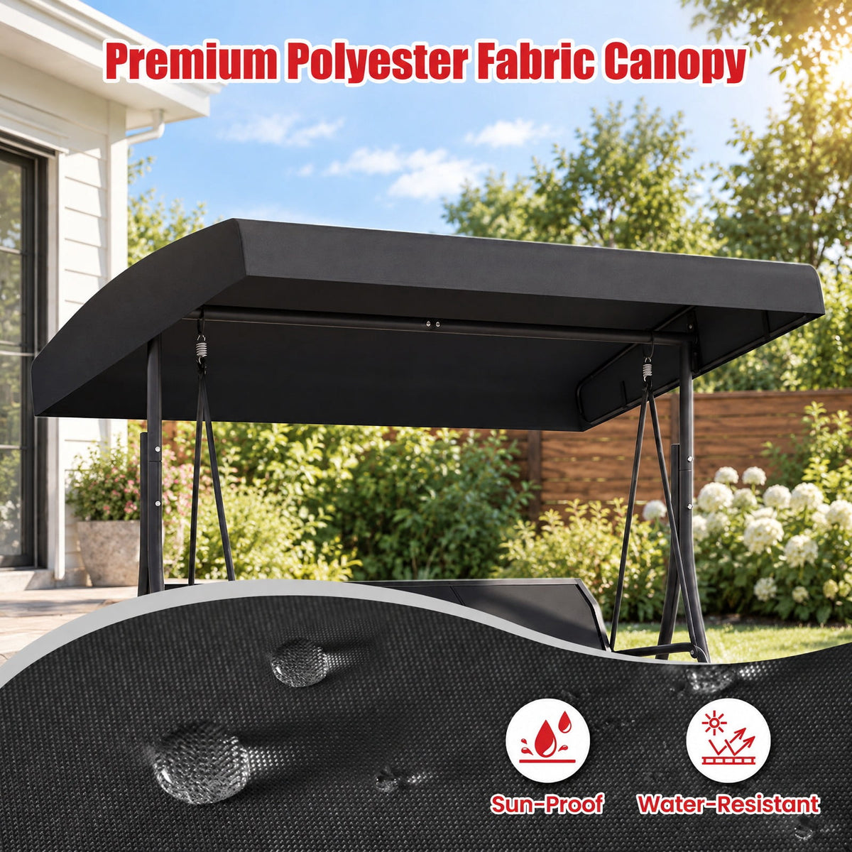 Airfind 3-Seat Patio Swing Chair with Adjustable Canopy, 800 lbs Capacity, Metal Frame, 75 Inch x 48 Inch x 67 Inch Footprint, Black