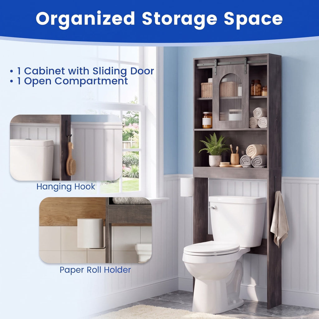 Airfind Over Toilet Storage Cabinet with Sliding Barn Door and Open Shelves for Bathroom, 44 lbs Capacity, Engineered Wood Frame, Black Oak