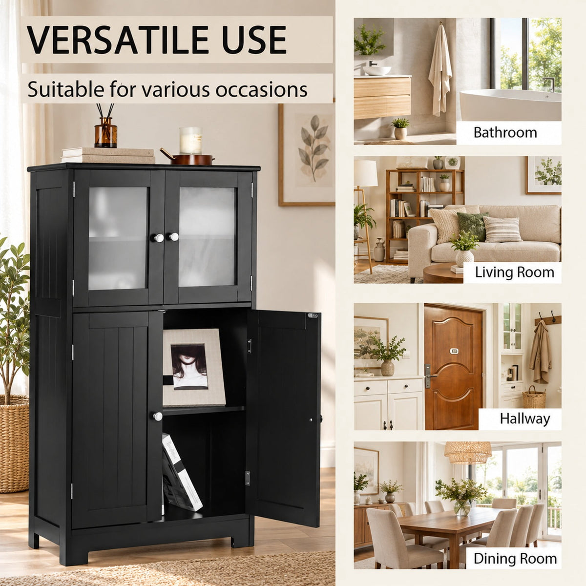 Airfind Bathroom Floor Storage Locker Kitchen Cabinet with Doors and Adjustable Shelf, MDF Frame, 23 x 12 x 43 inch Footprint, Black