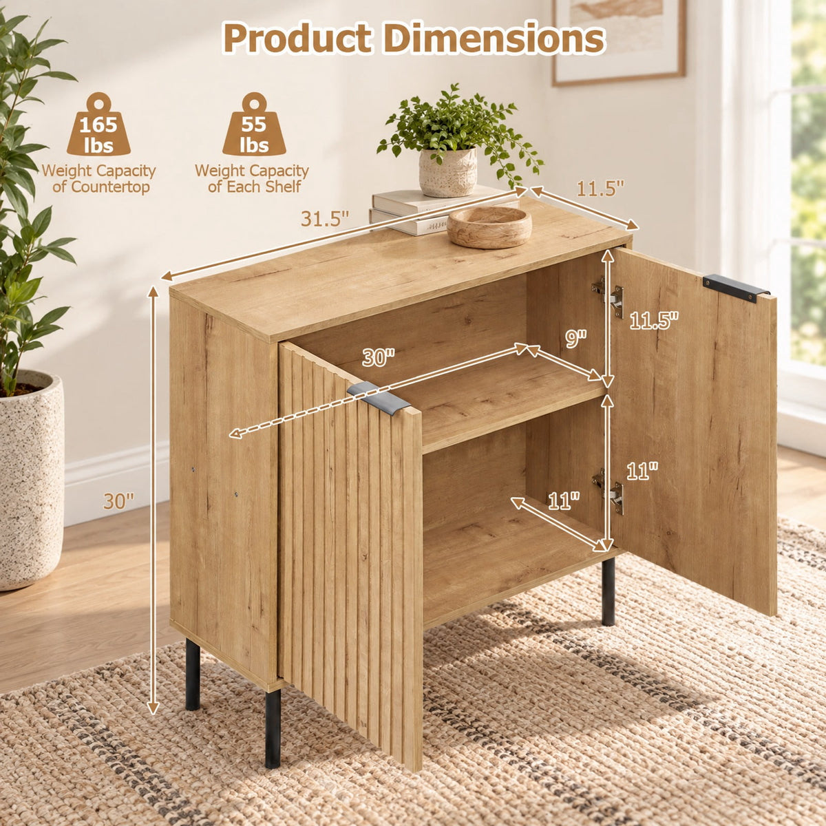 Airfind Fluted Buffet Cabinet with 2-Door Sideboard for Kitchen and Dining Room, Black Oak + BlackMaterial Engineered Wood MetalOverall