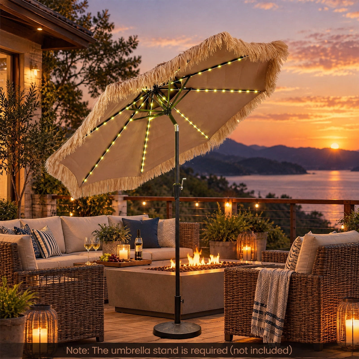 Airfind 9 FT Solar Thatched Tiki Umbrella with 96 Multi-colored Flowing Lights and 12 Modes, PE Thatch Polyester Fabric Metal Frame, Beige