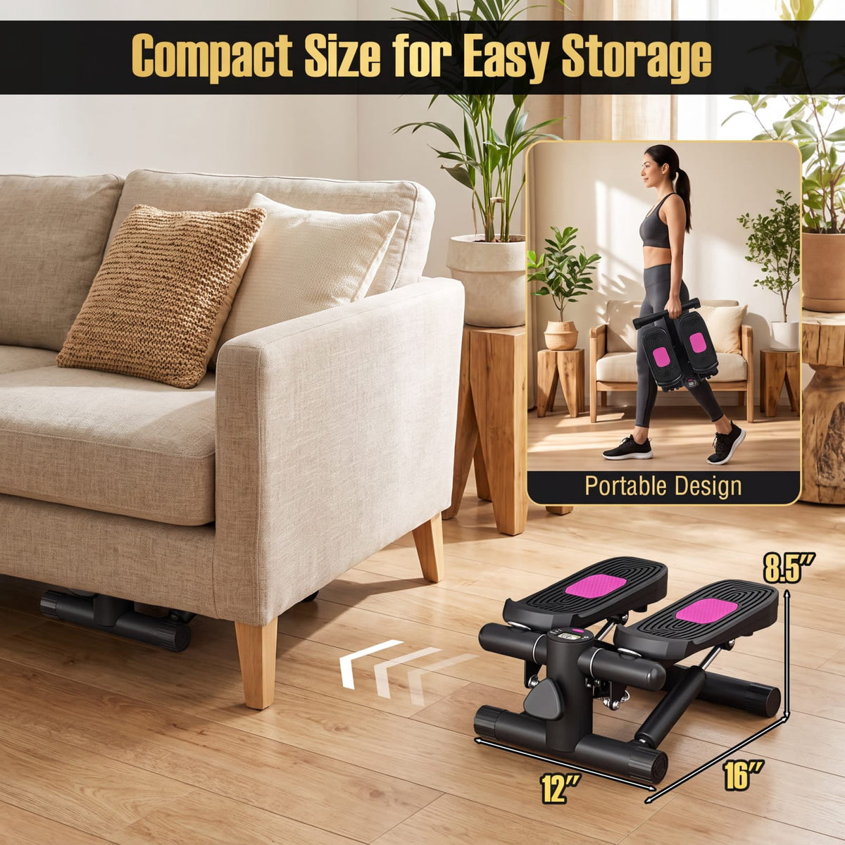 Airfind Mini Stepper Machine with Resistance Bands and Adjustable Height for Home Cardio Leg and Full Body Exercise, Black