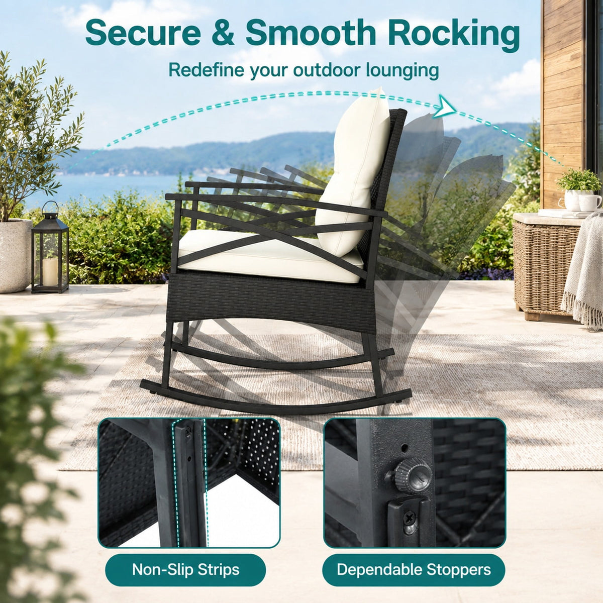 Airfind 3 Pieces Outdoor Rattan Rocking Chairs Set with 2-Tier Side Table for Garden Backyard, Table 100 lbs Capacity, 18 x 18 x 18.5 Footprint