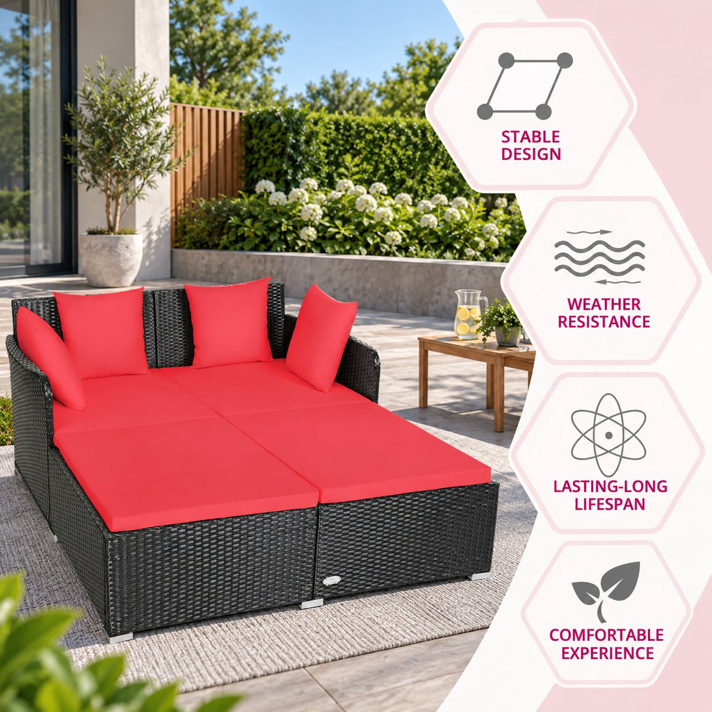 Airfind Spacious Outdoor Rattan Daybed with Upholstered Cushions and Pillows, 800 lbs Capacity, Rattan Steel Sponge Frame, Red