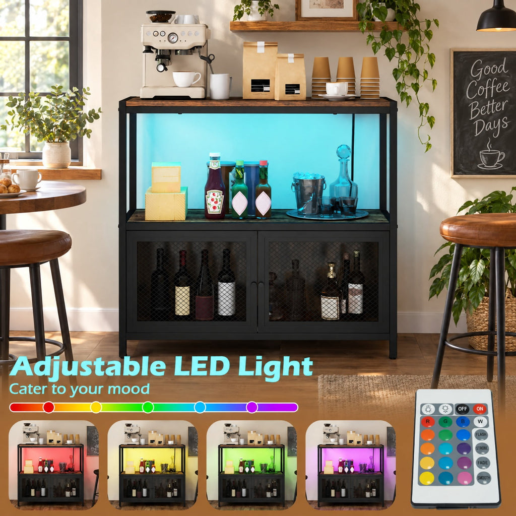 Airfind Industrial Coffee Bar Cabinet with LED Lights and Charging Station, 110 Lbs Capacity, Metal Engineered Wood MDF, Coffee
