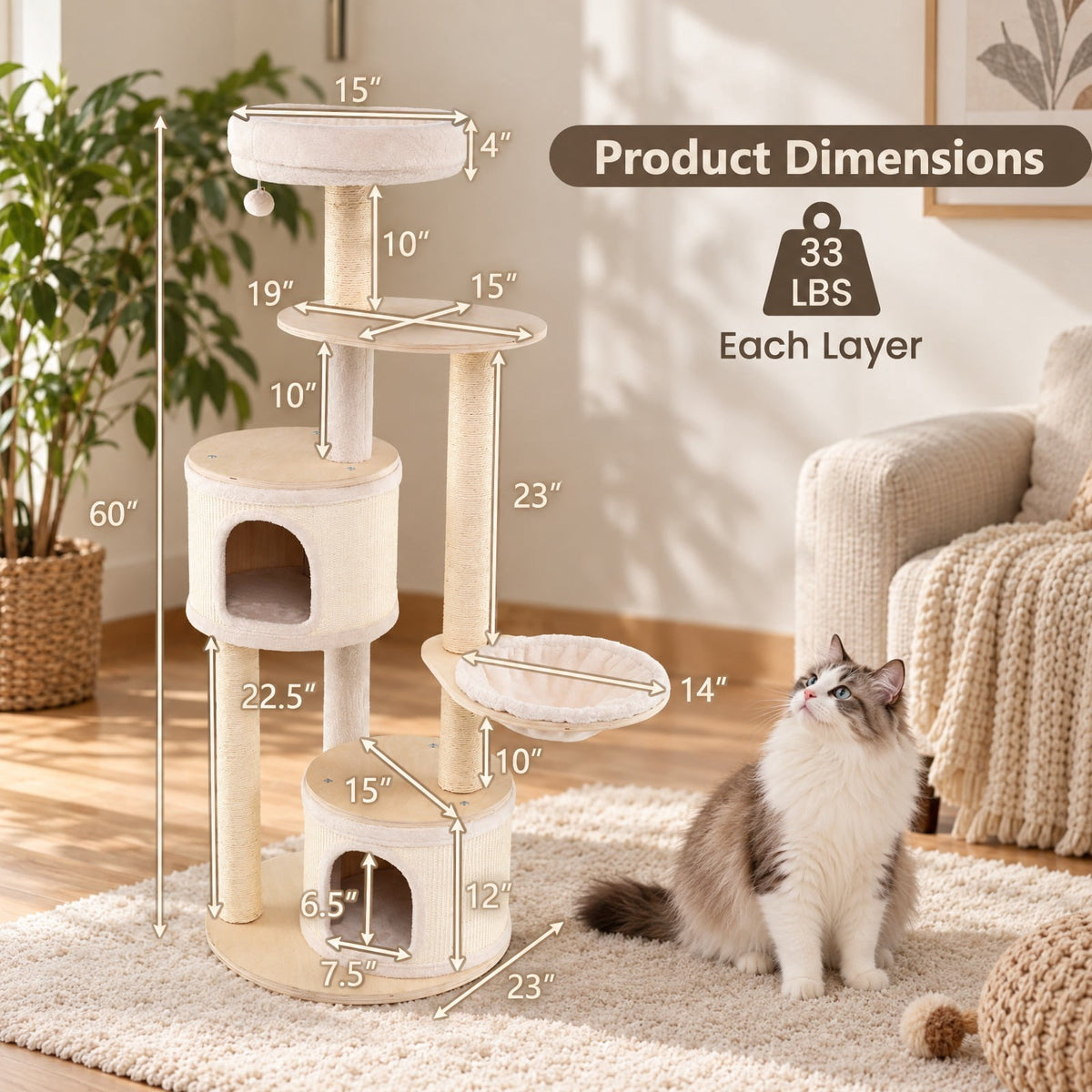 Airfind Wooden Kitten Tower with Sisal Scratching Posts and 2 Condos, 33 lbs Capacity, Plywood Sisal Plush Sponge Bamboo Engineered Board MDF Frame