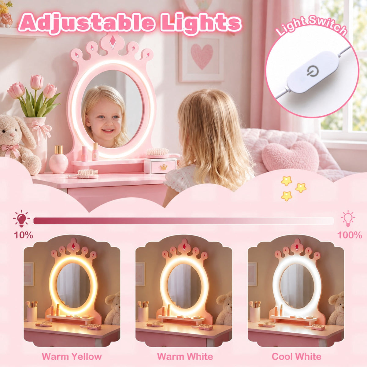 Airfind Kids Hair Salon Play Set with LED Lighted Mirror Wooden Pretend Hair Salon Station with Swivel Barber Chair, 66 lbs Capacity, Pink