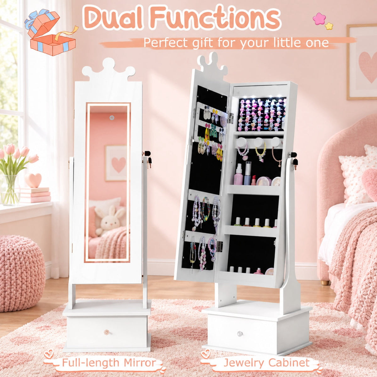 Airfind Youth Jewelry Armoire with 3-Color Lighted Full Length Mirror and Inside Led Lights, MDF Glass, 13.5 Inch X 12 Inch X 45 Inch Full-length, White