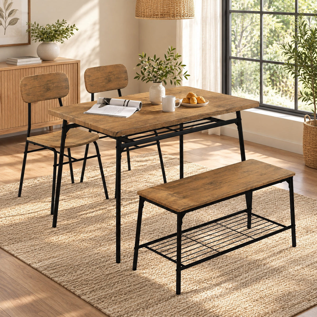 Airfind 4 Piece Dining Table Set for 4 Metal Frame with Bench and 2 Chairs, 200 lbs Capacity, MDF Metal Frame, Brown