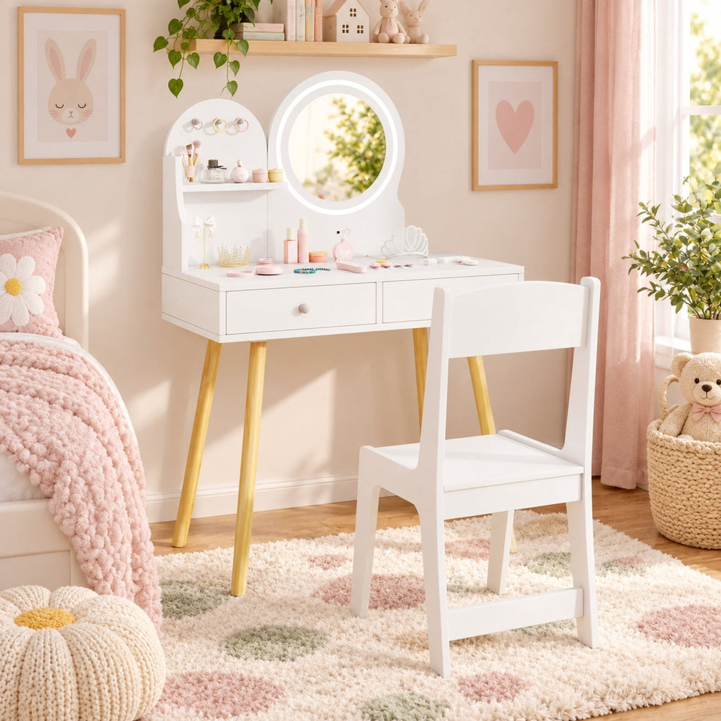 Airfind Kids Princess Makeup Dressing Desk and Chair Set with Mirror and Lights, 110 lbs Capacity, MDF Frame, for 3+ years old, White