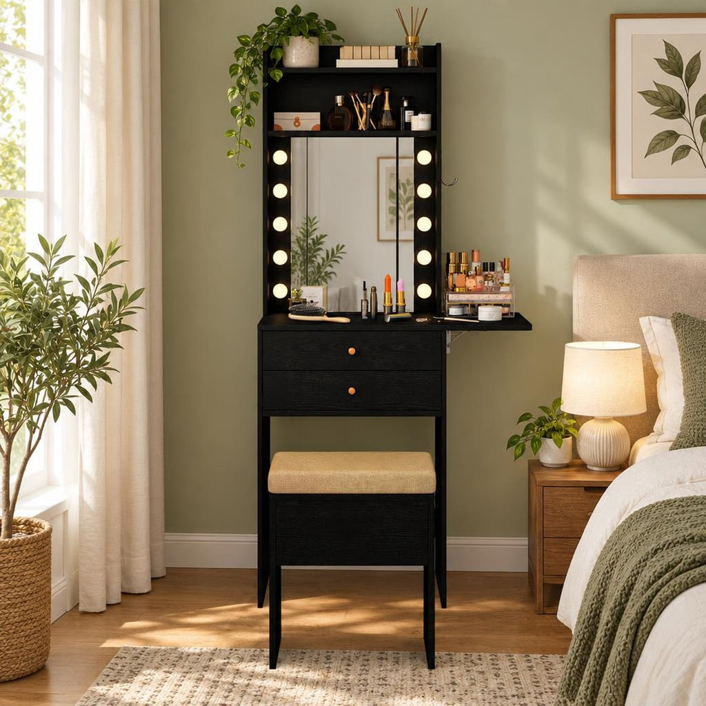 Airfind Compact Vanity Desk Set with 3-Color Lighted Mirror and Power Outlets, 50 kg Capacity, MDF Engineered Wood Glass Sponge Frame, Black