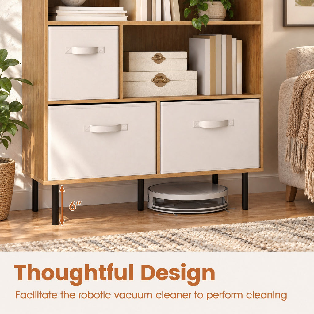 Airfind 6-Cube Bookshelf with 3 Removable Folding Fabric Drawers for Living Room, 330 lbs Capacity, Metal Engineered Wood Frame, Natural