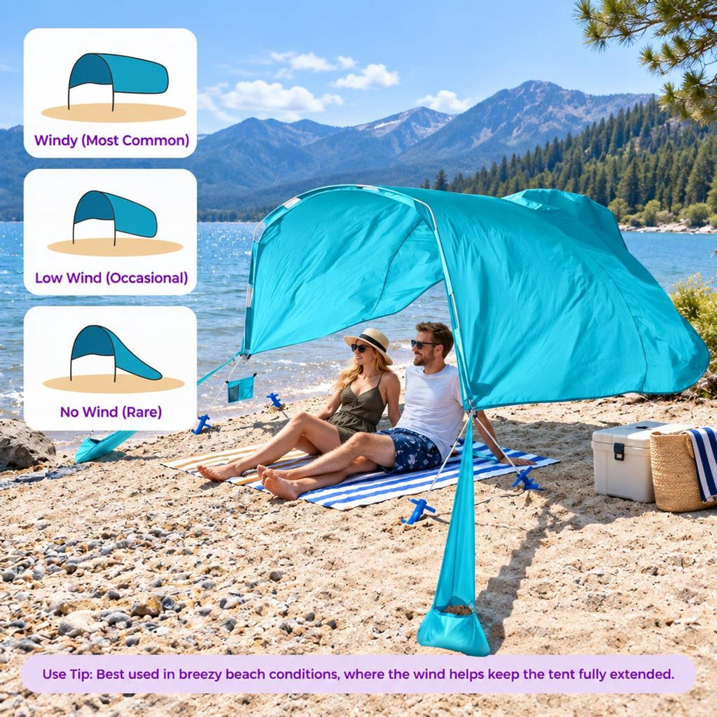 Airfind Wind Powered Beach Tent Portable Sun Shelter Canopy for Picnic, 70D Nylon Fabric Aluminum Frame, 10ft x 6.5ft x 6.5ft Carrying Bag Footprint