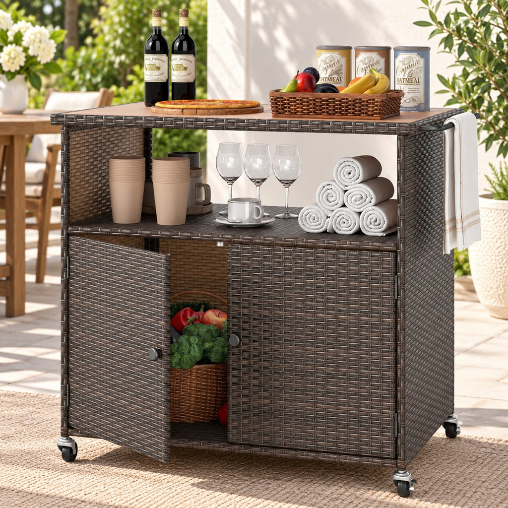 Airfind Outdoor Storage Cabinet with Acacia Wood Top and Lockable Wheels, 180 lbs Capacity, PE Rattan Acacia Wood Metal Frame, Black