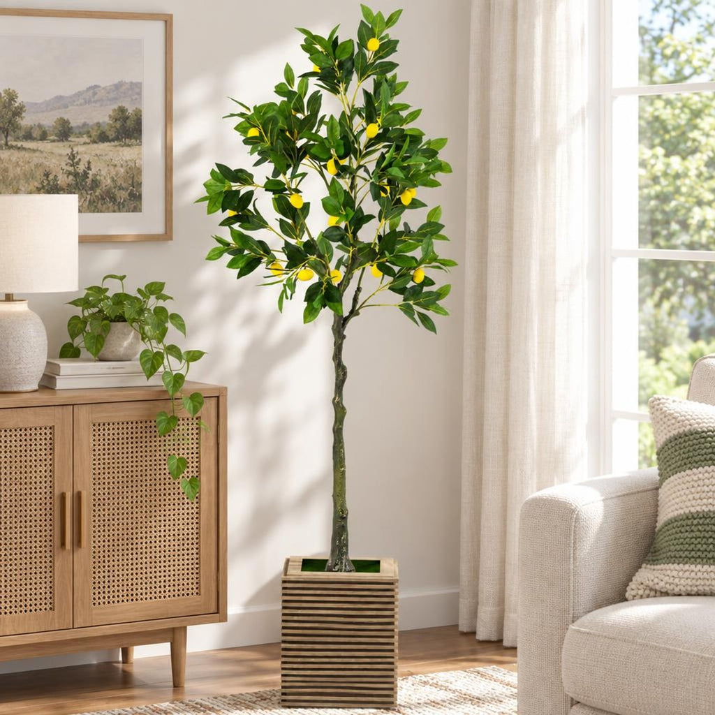 Airfind Artificial Lemon Tree 2.6/4/5.2 Feet Tall Fake Lemon Plant wuth Lemon Fruits-5.2 ft, PEVA PE PP Cement Foam Height: 32/48/63 Pot Frame