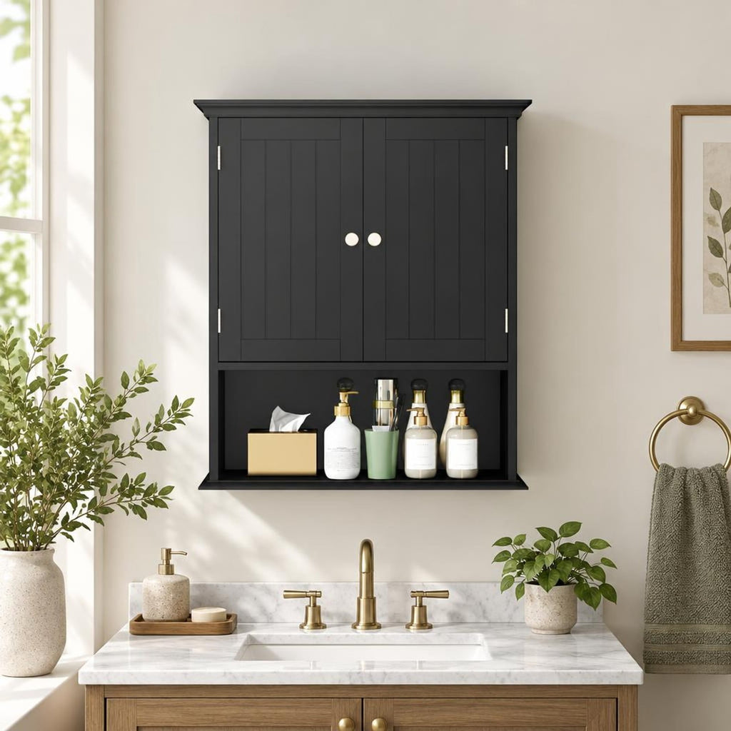 Airfind Wall Mount Bathroom Cabinet Storage Organizer with Doors and Shelves, MDF Metal for Convenient Everyday Use, Black