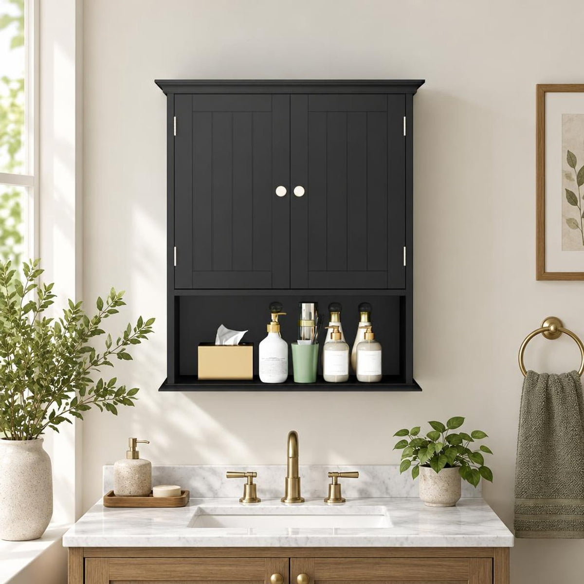 Airfind Wall Mount Bathroom Cabinet Storage Organizer with Doors and Shelves, MDF Metal for Convenient Everyday Use, Black