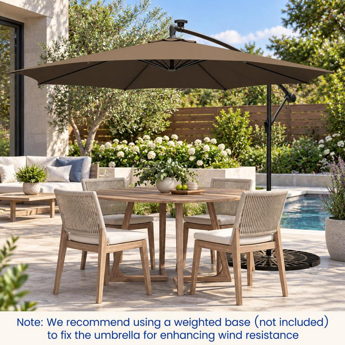 Airfind 10 Feet Patio Offset Umbrella with 112 Solar-Powered LED Lights-Beige, Polyester Fabric Metal Frame, 10 x 8 ft Footprint, Coffee
