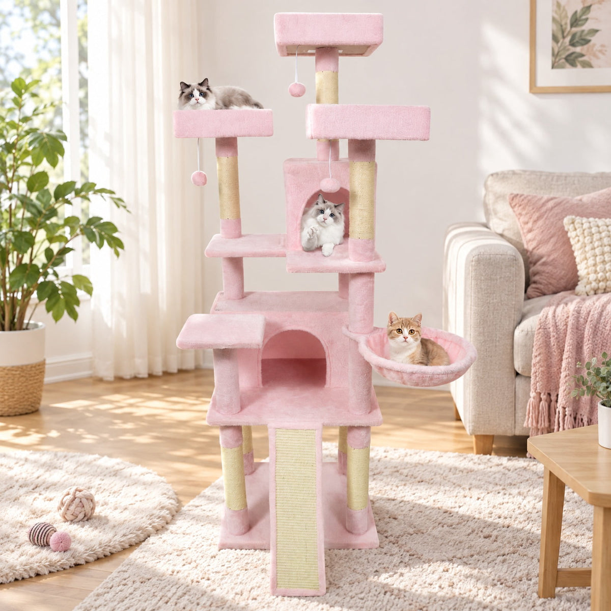 Airfind 65 Inch Tall Multi-level Cat Tree with 3 Upholstered Perch and 2 Cat Condos, Fabric Sisal Engineered Wood Overall Height 65 Inch Base Frame