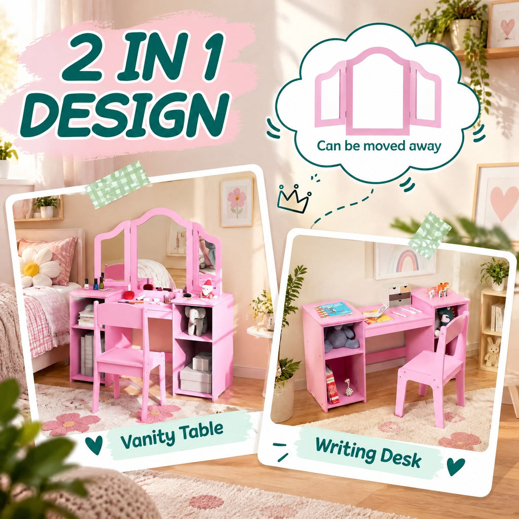 Airfind Kids Vanity Table and Chair Set with Removable Tri-Folding Mirror, 220 lbs Capacity, MDF Acrylic Frame, for 3+ Years Old, Pink