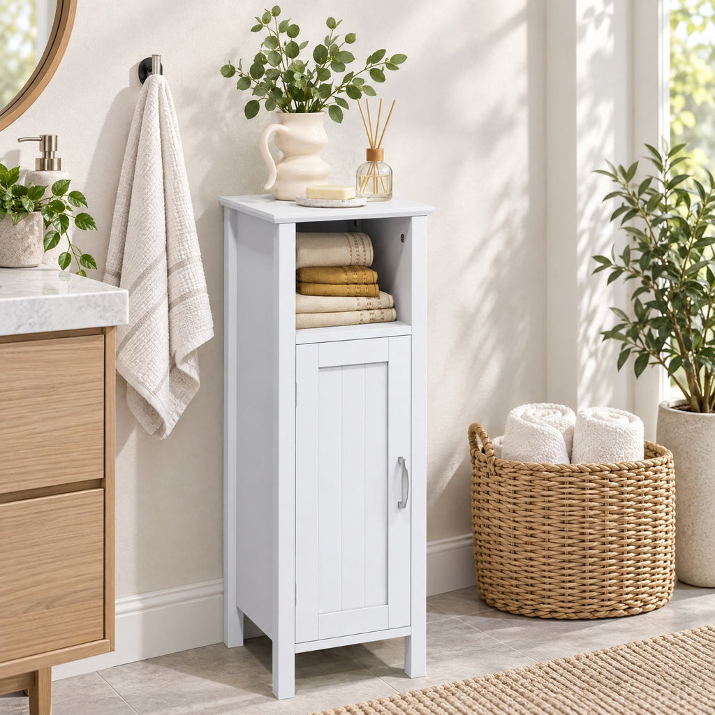 Airfind 1-Door Freestanding Bathroom Cabinet with Open Shelf, 66 lbs Capacity, MDF Frame, 12in x 12in x 31.5in Footprint, White