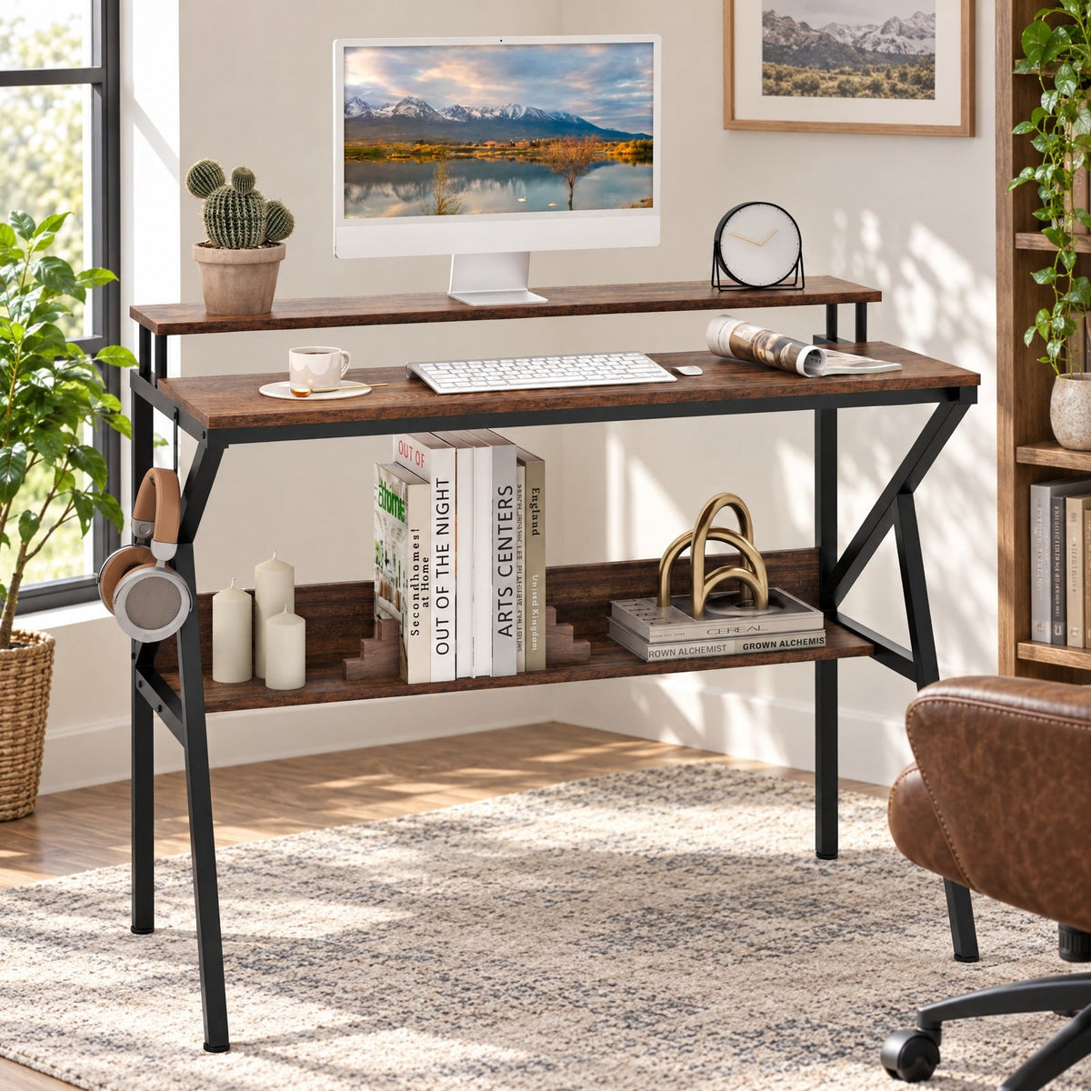 Airfind Space Saving Computer Desk with Monitor Stand and Extra Storage Shelf for Work Study, 200 lbs Capacity, Engineered Wood Metal Frame, Brown