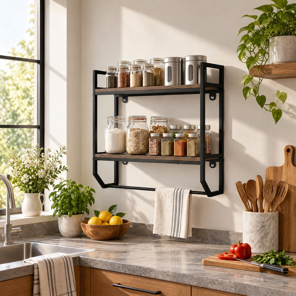 AIRFIND Bathroom Wall Shelf with Towel Bar, 2-Tier Over-Toilet Storage Rack with Metal Frame and 22 in Hanging Rail, 23 in Wide, Gray