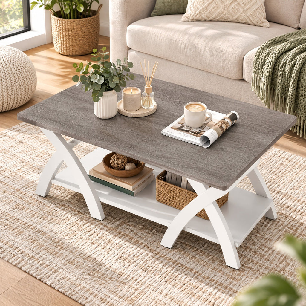 Airfind 40 Inch Farmhouse Wooden Coffee Table with Storage Shelf with X-shaped Legs, 155 lbs Capacity, Rubber Wood Plywood MDF Frame, Gray