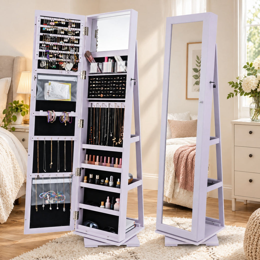 Airfind 360° Rotatable 2-in-1 Lockable Jewelry Cabinet with Full-Length Mirror, P2 MDF Frame, 15 Inch x 15 Inch x 63.5 Inch (L x W x H) External Footprint