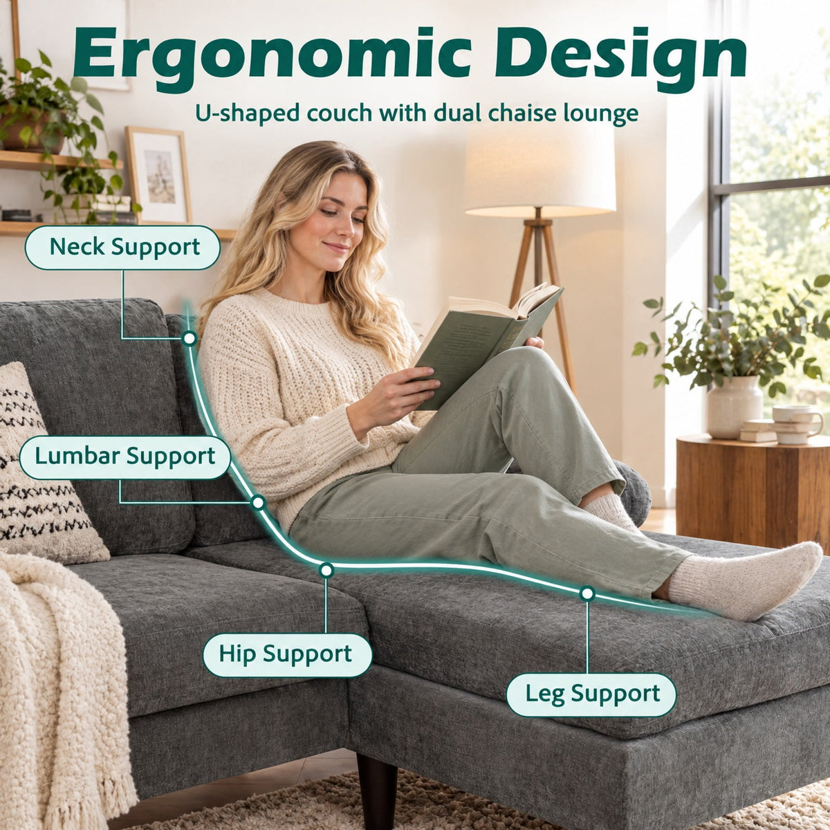 Airfind U-shaped Sectional Couch with Double Chaise for Living Room, 1000 Lbs Capacity, 101.5 Inch X 49.5 Inch X 28.5 Inch with Corduroy Fabric Sponge PP, Gray