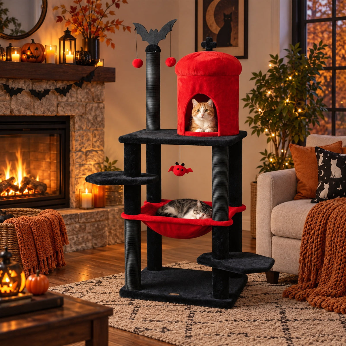 Airfind 51in Gothic Multi-level Cat Tree with Spider Hanging Toy for Black Halloween, 22 lbs Capacity, Red