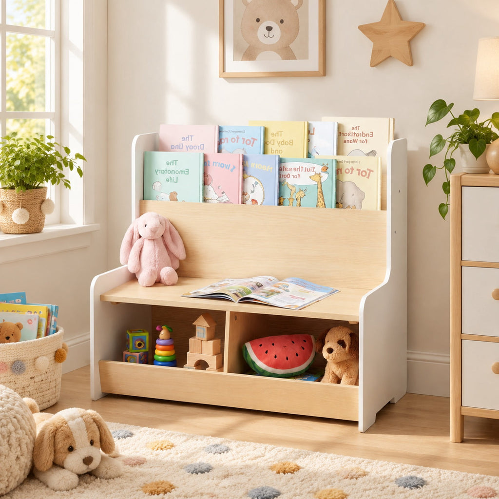 Airfind Kids Reading Nook with Bench Bookshelf and 2 Cubbies, 132 lbs Capacity, MDF Fabric Sponge Frame, White