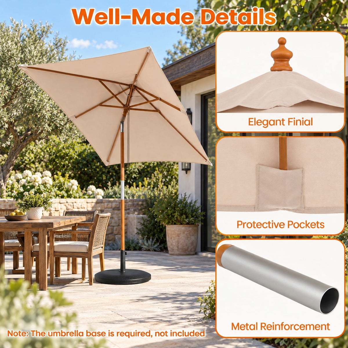 Airfind 7 Feet Outdoor Rectangular Patio Umbrella with 3 Adjustable Heights, Fabric Hardwood Bamboo Frame, 7 x 5.5 x 7.7 ft Umbrella Footprint