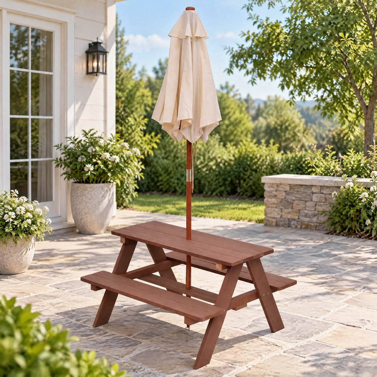 Airfind Outdoor 4-Seat Kids Picnic Table Bench with Umbrella, Fir wood polyester fabric Bench Frame, 28 x 8.5 x 13 /35 x 6.5 x 11 Footprint