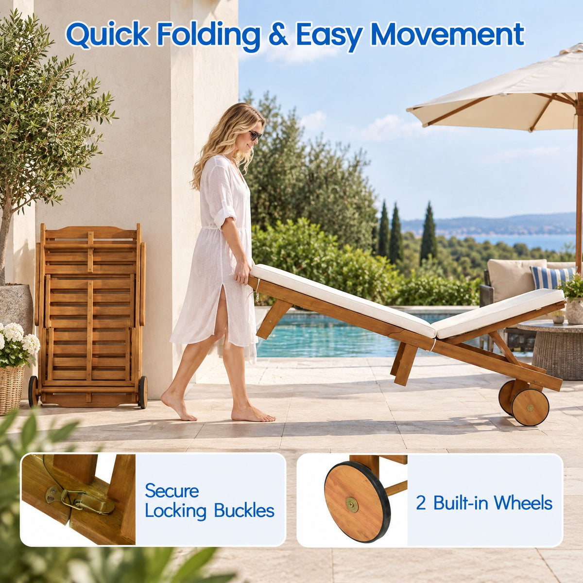 Airfind Patio Folding Eucalyptus Wood Chaise Lounge with 5, 400 lbs Capacity, Eucalyptus Wood Sponge Polyester Frame, Wood