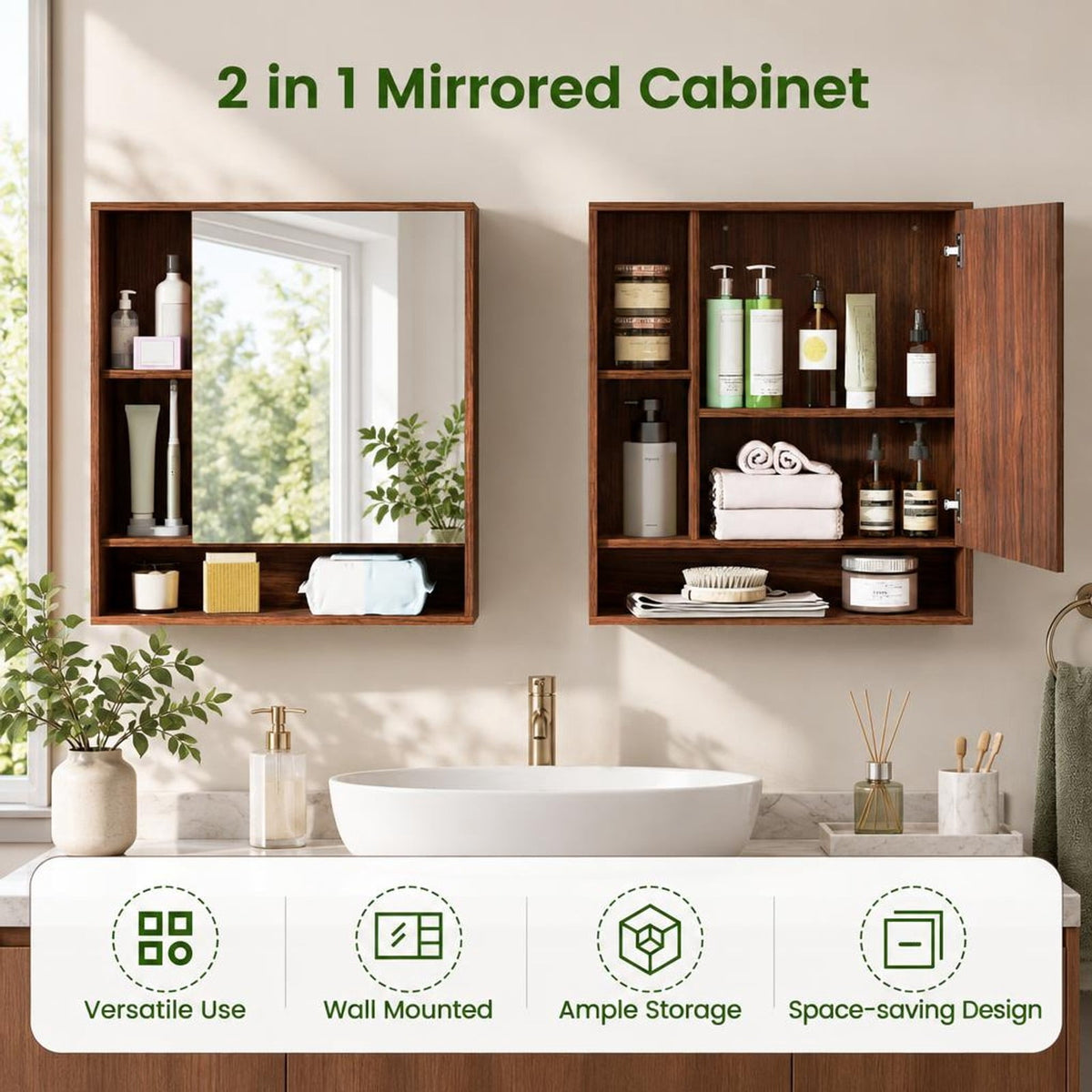 Airfind Wall Mounted Bathroom Cabinet with Mirror Single Door, 176 lbs Capacity, Glass MDF Engineered Wood Frame, 21.5 Inch x 6.5 Inch x 24 Inch Footprint