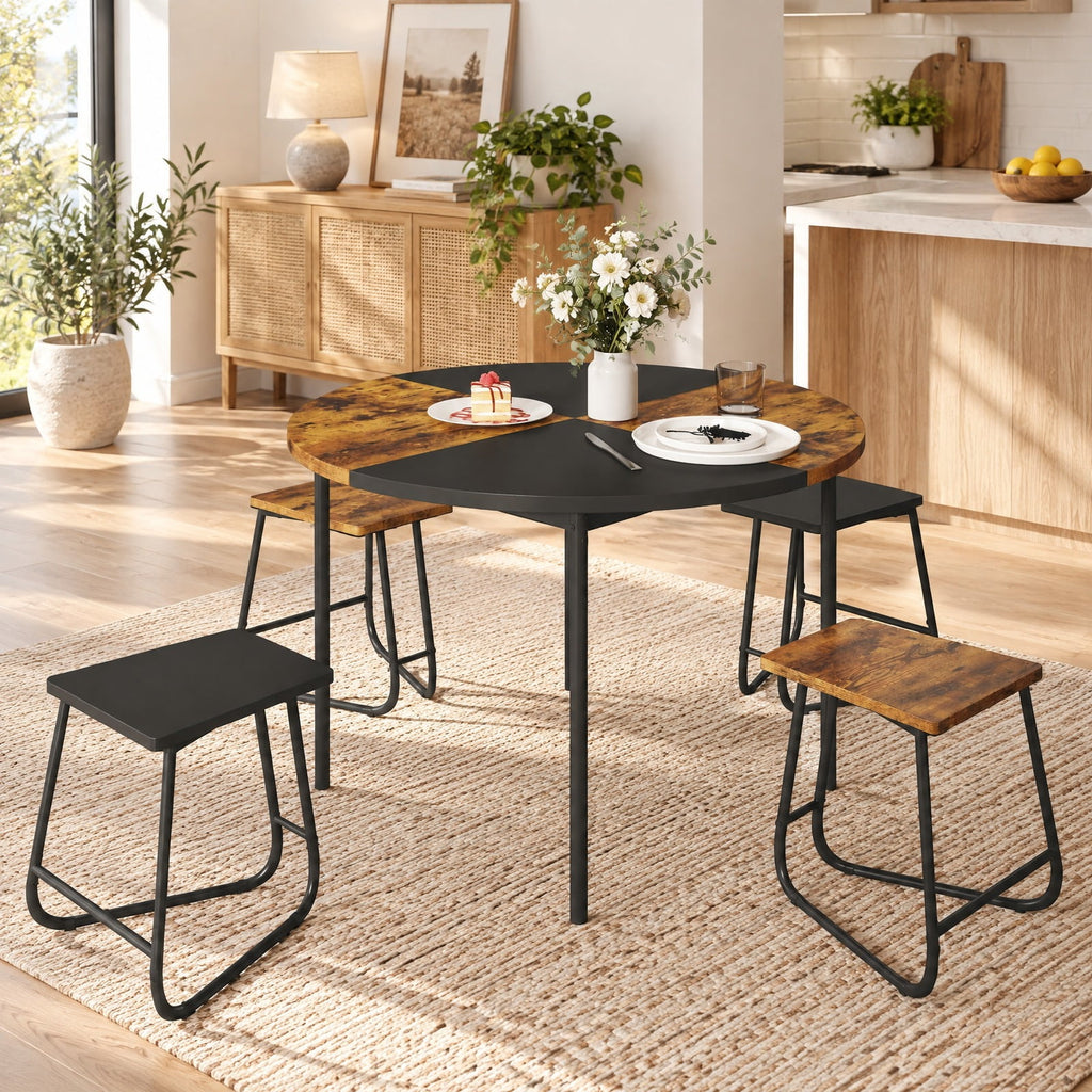 Airfind 5-Piece Dining Set for 4 47 Inch Round Kitchen Table and 4 Stools, MDF Metal Frame, Brown, Table Size 47in x 30in