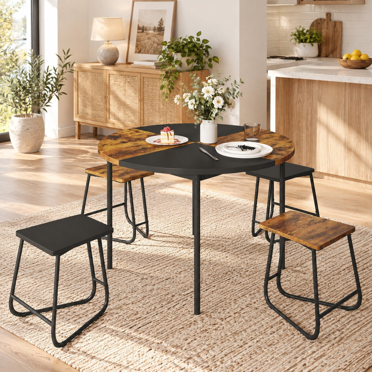 Airfind 5-Piece Dining Set for 4 47 Inch Round Kitchen Table and 4 Stools, MDF Metal Frame, Brown, Table Size 47in x 30in