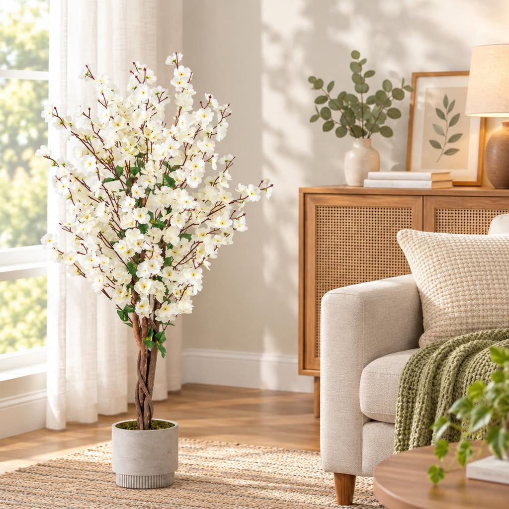 AIRFIND Artificial Plum Blossom Tree 47 in with White Fabric Flowers, Wood Trunk and Cement-Filled Pot for Home and Office Decor