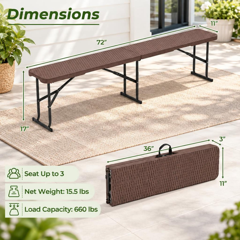 Airfind 6 Feet Plastic Folding Bench Picnic Camping Dining Seat with Carrying Handle, 660 lbs Capacity, Metal HDPE Frame, 72 x 11 x 17 Footprint