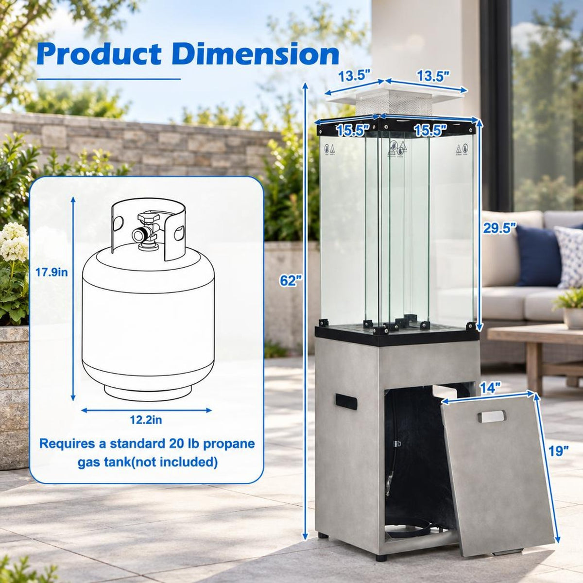 Airfind 41 000 BTU Propane Patio Heater with Metal Hood, 15.5 x 15.5 x 62 (L x W x H) Heat Output: 41 000 BTU Footprint, Gray