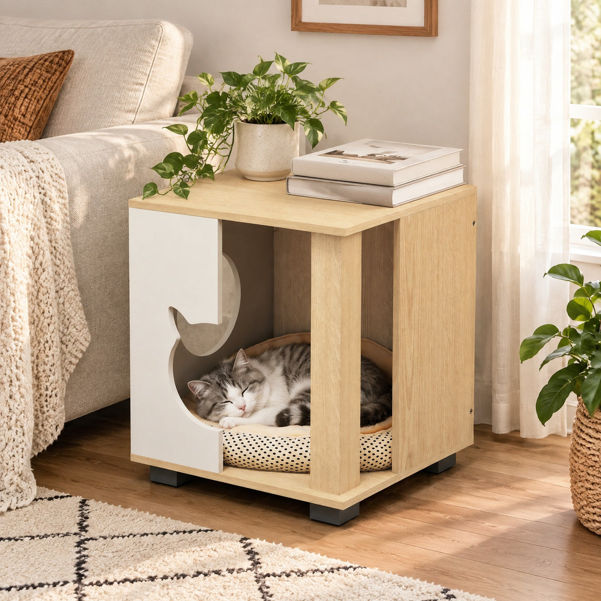 Airfind Wooden Semi-enclosed Cat Condo with Kitty Head-shaped Entry and Metal Legs, 44 lbs Capacity, Engineered Board Metal Frame, Natural