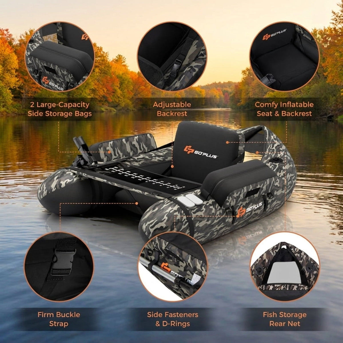 Airfind Inflatable Fishing Float Tube with 350 lb Capacity and Adjustable Shoulder Straps plus Storage Pockets and Foot Pump for Lake Pond River Bass Fly Fishing, Camouflage Multicolor
