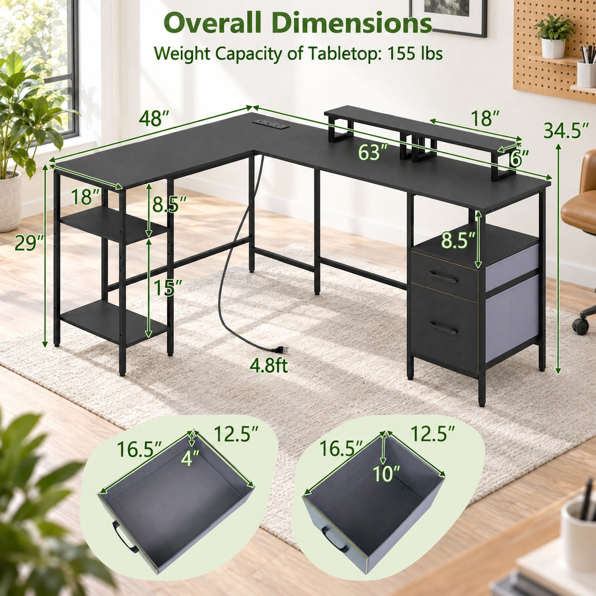 Airfind L Shaped Desk with Power Outlet Reversible Computer Desk with Monitor Stands, 155 lbs Capacity, Engineered Wood Metal Fabric Frame, Black