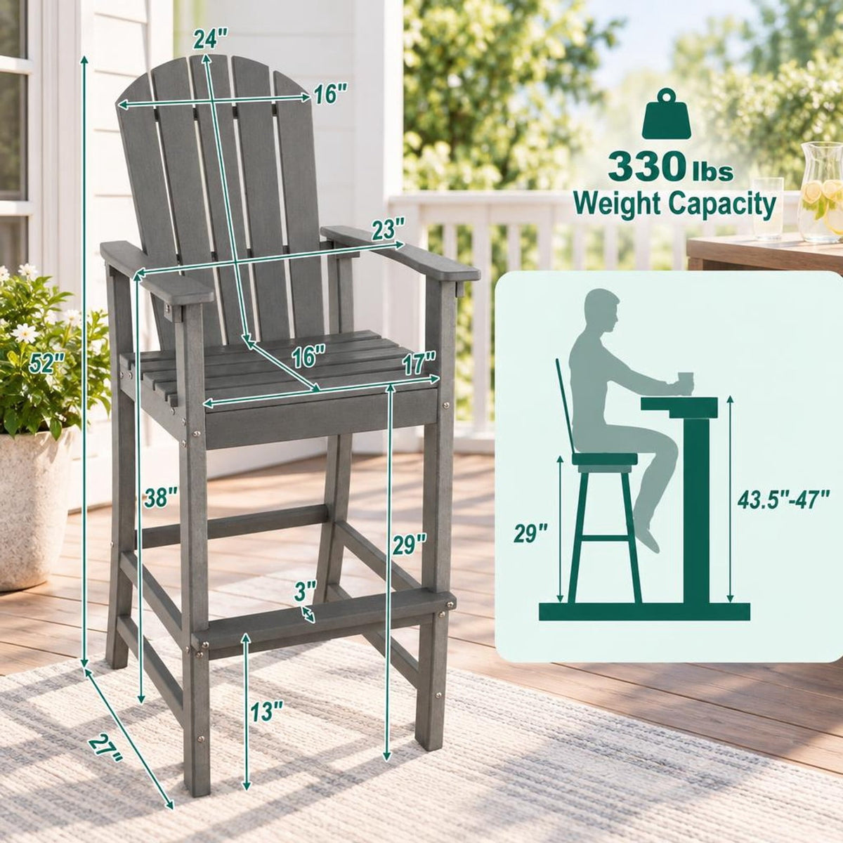 Airfind 30 Inches Counter Height Outdoor HDPE Bar Stool with Armrests and Footrest, 360 lbs Capacity, HDPE Frame, Gray