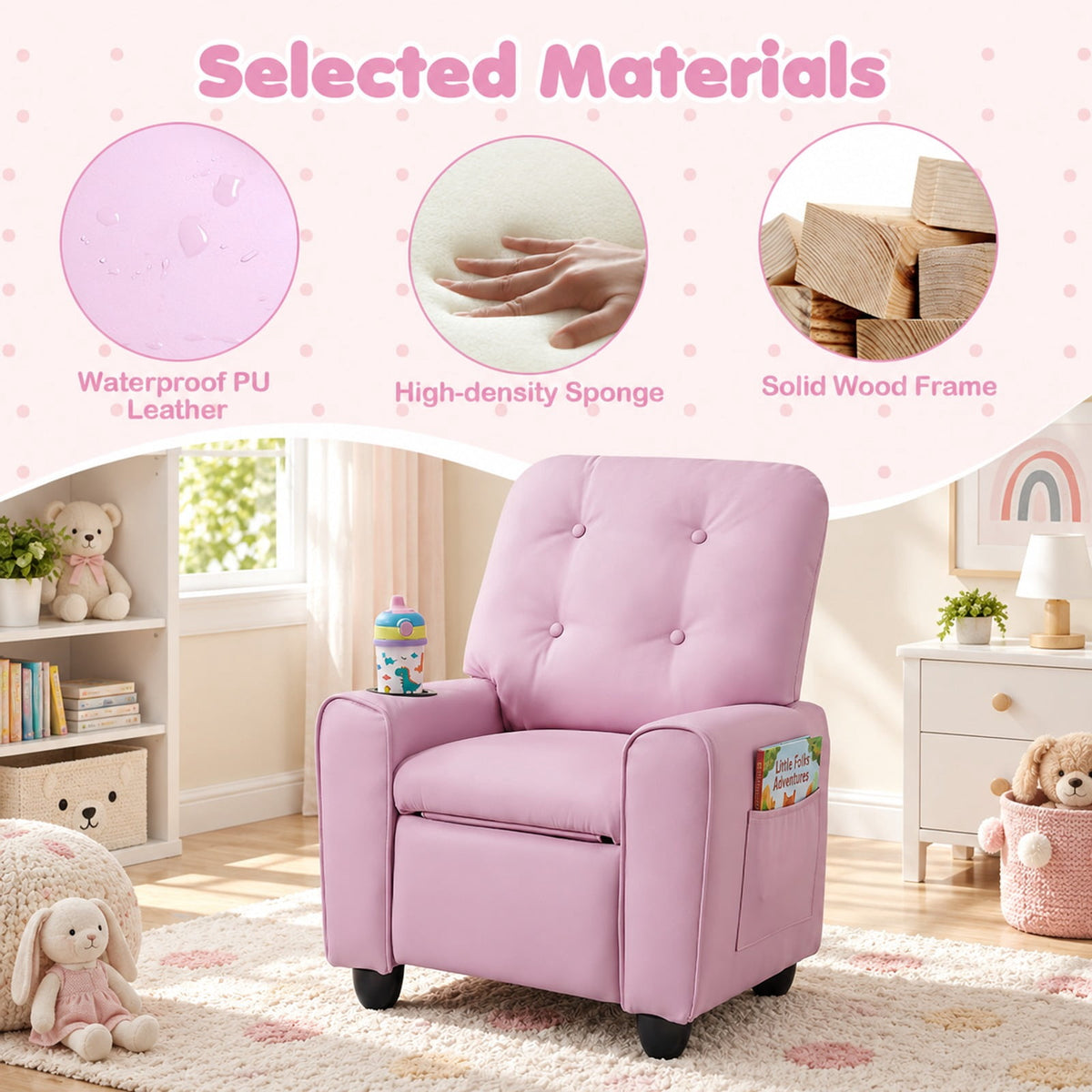 Airfind Youth Recliner Chair with Cup Holder, Side Pocket and Push-back Footrest, PU Upholstery, 24 x 21 x 30 in for Everyday Use, Pink