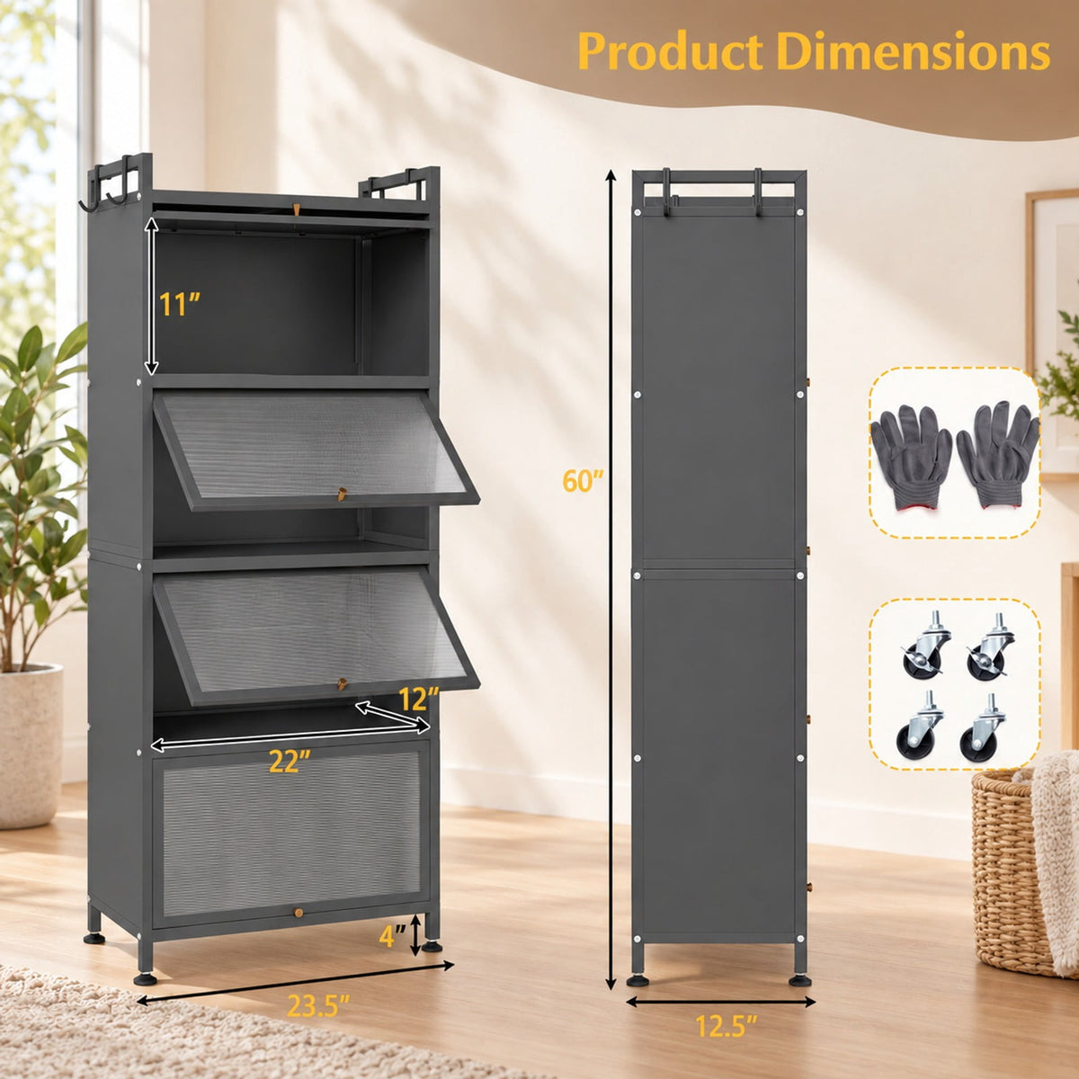 Airfind 5-Tier Kitchen Bakers Rack with Flip-up PC Doors, tier 33 lbs Capacity, Metal PC PP Gray Frame, 23.5 x 12.5 x 60.5 Footprint, Gray