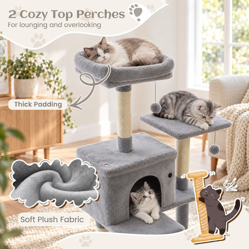 Airfind 80 Inches Tall Cat Tree with 2 Large Condos and Dangling Toys, 33 lbs Capacity, Engineered Board Sisal Plush Fabric Sponge Frame, Light Gray